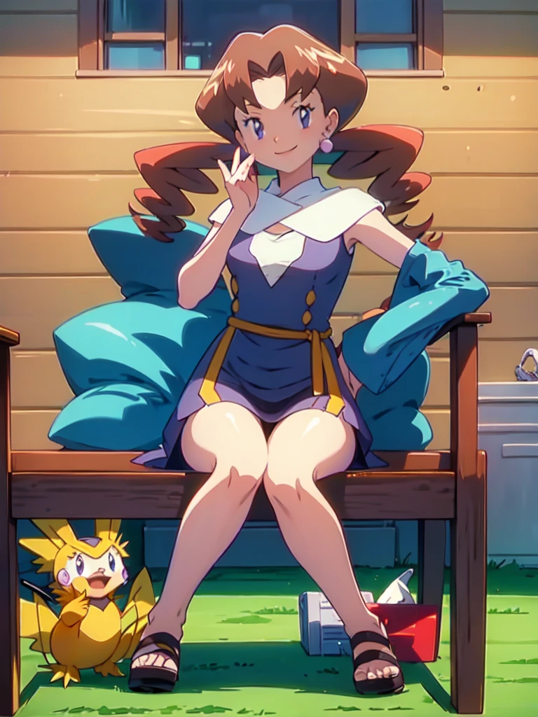 1girl, solo, sitting, smile,looking_down, smile,crossed_legs, masterpiece, high quality, best quality, Caroline_(pokemon)