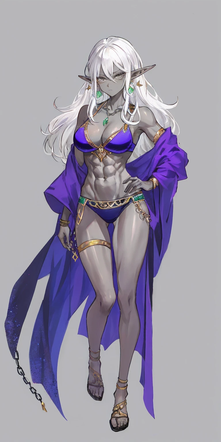 Appearance
Gender: Female
Age: Mature
Race: Drow (elf with dark skin and white hair)
Height: Full-body
Skin: Gray
Skin: Gray
Background: Plain Gray
Eyes: Purple
Attire: Bikini, revealing abdominal muscles
Accessories: Large earrings, ragged rags, chain necklace
