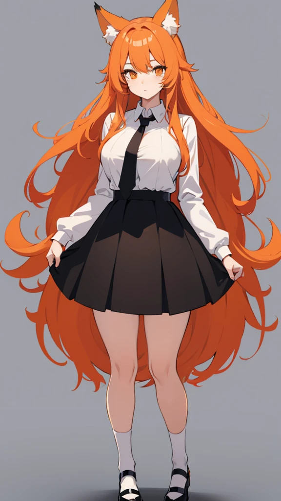 Standing full-length photo in anime style of a cute 20-year-old girl with long orange hair, fox ears. large, delicate body and large bust, wearing sexy  clothes, a loose white blouse, a slim orange tie, a short black skirt, white socks and black shoes. white image background.