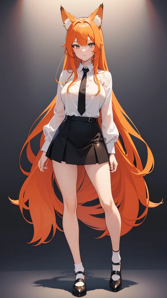 Standing full-length photo in anime style of a cute 20-year-old girl with long orange hair, fox ears. large, delicate body and large bust, wearing sexy clothes, a loose white blouse, a slim orange tie, a short black skirt, white socks and black shoes. white image background.