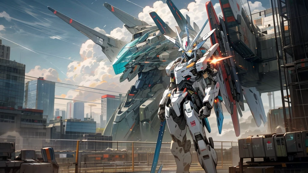 sky, cloud, holding_weapon, glowing, robot, building, glowing_eyes, mecha, mecha girl standing infront of mecha,science_fiction, city, realistic,mecha,
shooting missiles