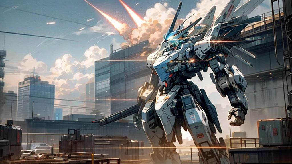 sky, cloud, holding_weapon, glowing, robot, building, glowing_eyes, mecha, mecha girl standing infront of mecha,science_fiction, city, realistic,mecha,
shooting missiles