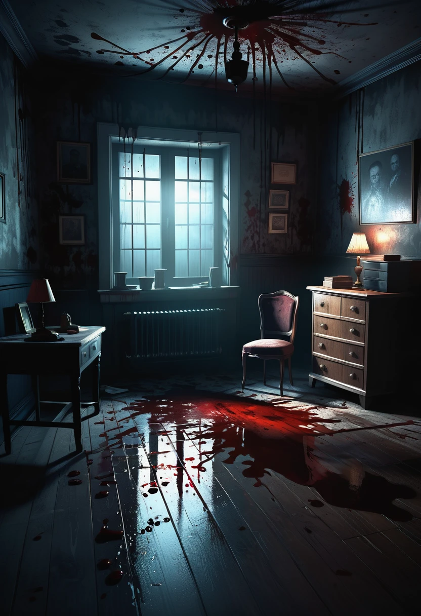 a medium detailed illustration of [room 1613], (murders) in this room, dark and eerie atmosphere, crime scene investigation, blood splatters, forensic evidence, police tape, vintage decor, mysterious shadows, ominous vibes, horror movie scene, low key lighting, cinematic, detailed interior, 4k resolution