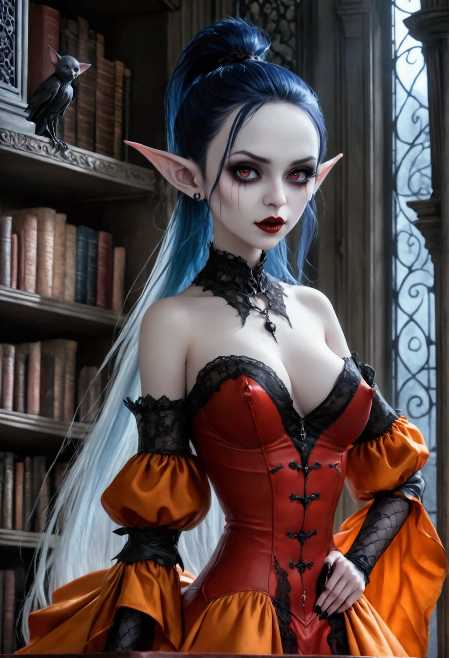 arafed a picture of elf vampire in her castle. an exquisite beautiful, busty, female elf vampire (ultra details, Masterpiece, best quality), full body, ((anatomically correct: 1.5) bloody mouth, (black and blue hair: 1.3), pale skin, hair in a ponytail, long hair, (silver: 1.3) eyes, (small pointed ears: 1.4), cold eyes, smirking, wearing dark  orange dress (ultra details, Masterpiece, best quality), red cloak, wearing high heels, in dark fantasy library, book shelves, vibrant, Ultra-high resolution, High Contrast, (masterpiece:1.5), highest quality, Best aesthetics), best details, best quality, highres, ultra wide angle, 16k, [ultra detailed], masterpiece, best quality, (extremely detailed) RAW, dark fantasy art, gothic art, wearing Haute_Couture designer dress, Hyperrealism style, goth, elf, goth person