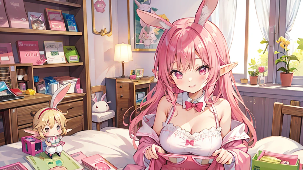 Rabbit Mimi、Chibi Elf Pink Room、Relaxing in a cute room、A big smile、Addicted to the game