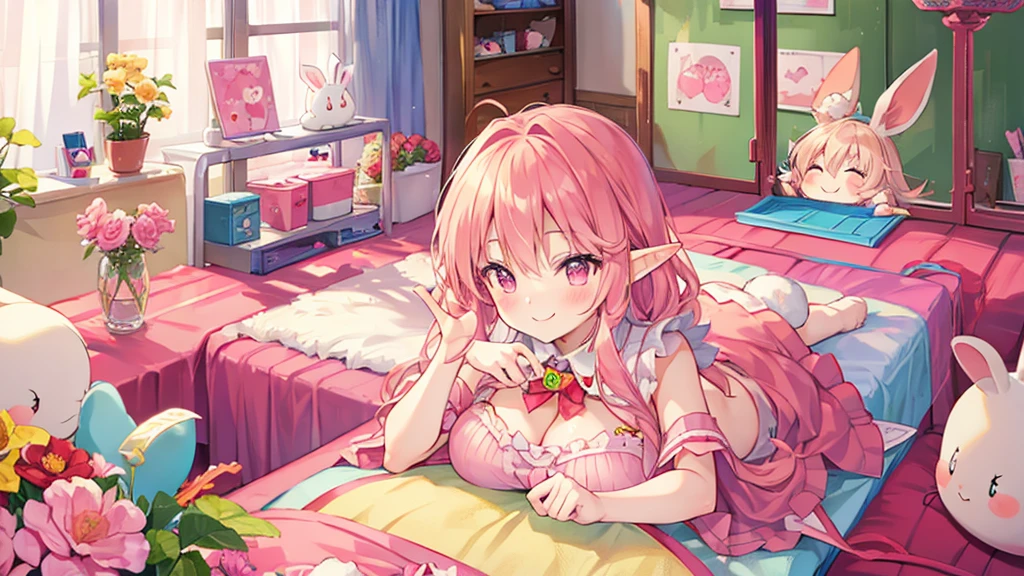 Rabbit Mimi、Chibi Elf Pink Room、Relaxing in a cute room、A big smile、Addicted to the game