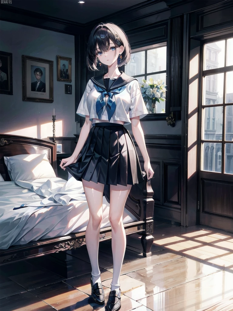 absurdres, RAW photo, extremely delicate and beautiful, masterpiece, Best Quality, ultra high resolution, 32k, hyperrealistic, ultra-detailed, perfect anatomy, super Detailed skin, perfect figure, Super Beauty, Perfect Style, Perfect balance, Beautiful Lighting, Perfect Lightning, Realistic Shadows, 20 years old, very Slim body, narrow waist, very small head, very small face, delicate facial features, handsome detailed woman, very detailed eyes and face, realistic face proportions, Realistic beautiful face, Realistic beautiful eyes, tearful mole, earring, very huge round breasts, legs, medium hair, asymmetrical hair, whole body shot, indoor, school_uniform, short skirt, sailor uniform,