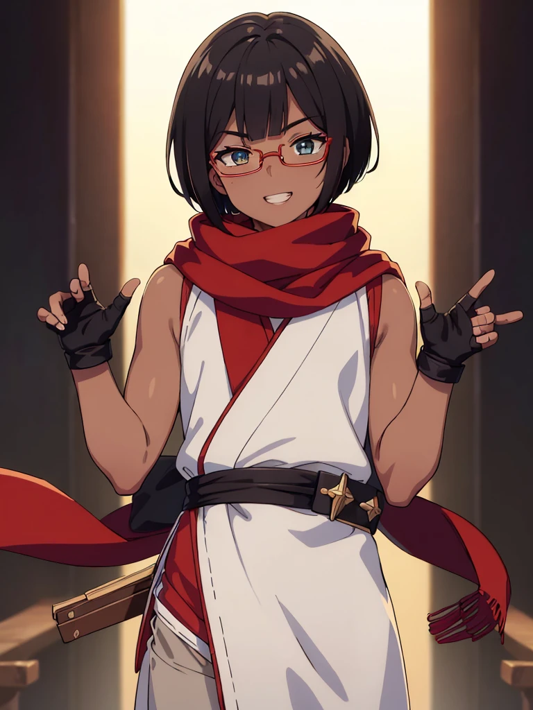 (flat chest), (masterpiece:1.2), highest quality, High resolution, unity 8k wallpaper, (fine and beautiful eyes:1.6), highly detailed face, perfect lighting, Detailed CG, (perfect hands, perfect anatomy), (1 boy:1.4), 20 years old,( black hair:1.3), extremely beautiful detailfeminine face and eyes, (grin smile), detailed eyes, best quality,( dark skin:1.8),   extremely detailed, very precise detailed,(glasses:1.3), blunt bangs, open mouth, (very short pixie cut:1.2), (geta:1.2),(fingerless gloves:1.5), half closed eyes,long sidelocks,(long red Scarf:1.3),(sleeveless yukata),  (flying_kick:1.2),
