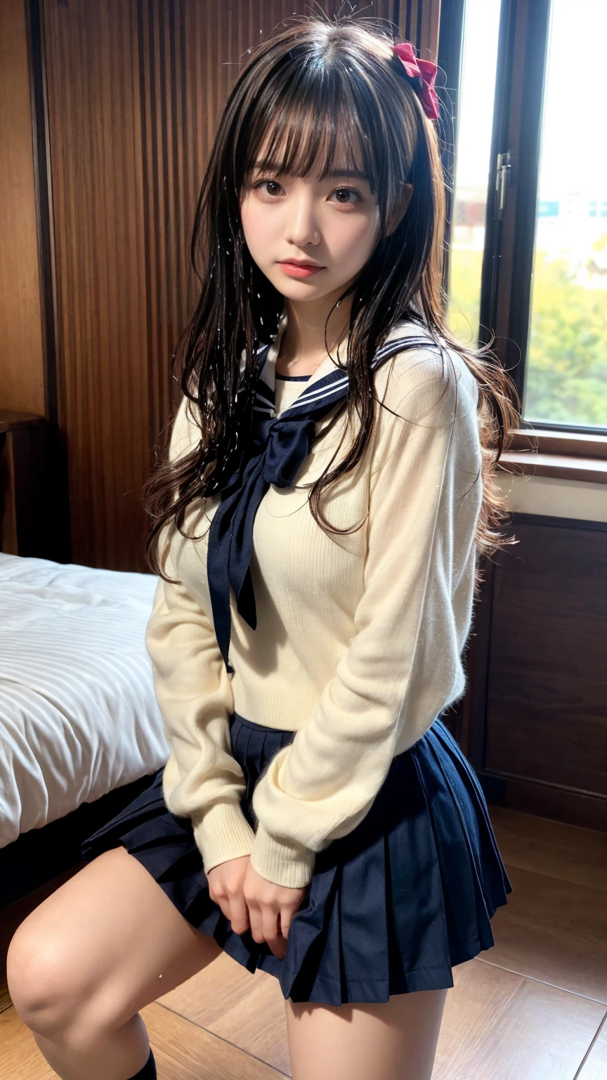 masterpiece, best quality, illustration, Super detailed, fine details, High resolution, 8K,wall paper, perfect dynamic composition,(Details High quality, realistic depiction of eyes:1.3), short hair, (wavy hair:1.2), (Black Sailor Uniform, serafuku, Navy pleated skirt), (nup, wet:1.2), huge breasts, black hair color, Big Natural Color Lip, bold sexy pose, crying a little、cold gaze, Harajuku style、20 year old girl、cute type、ta、beautiful legs, hotel room, full body photo、focus on crotch, hposing Gravure Idol