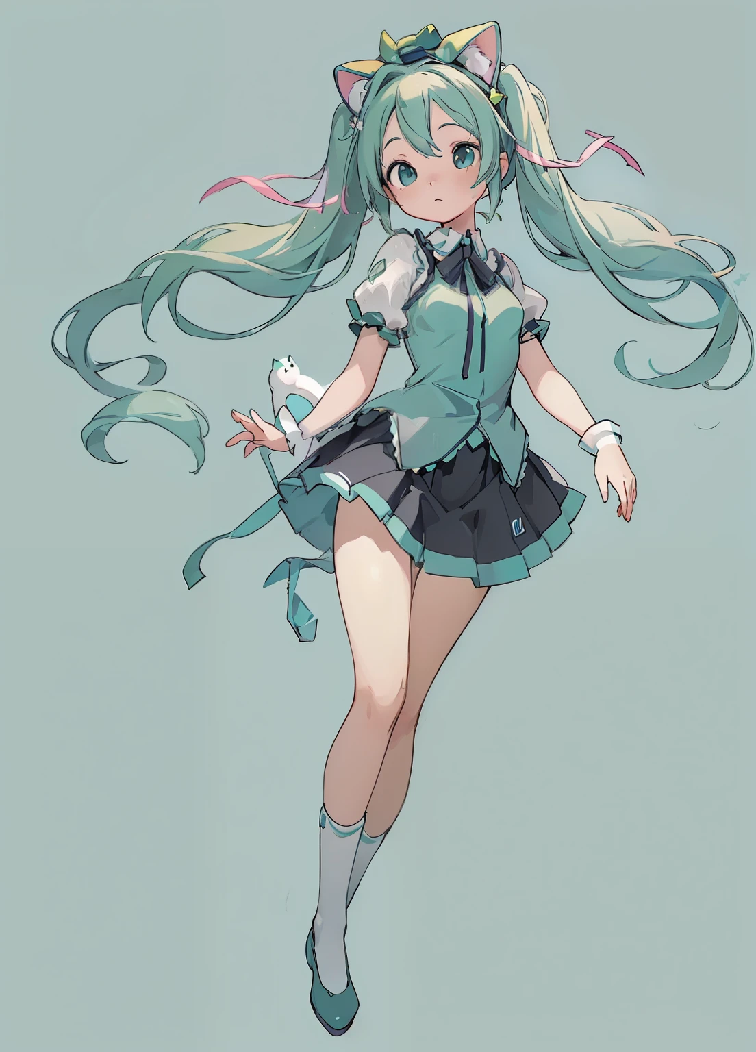 (masterpiece、Highest quality、Highest quality、Official Art、Beautiful and beautiful:1.2)、(One girl:1.3)Hatsune Miku、Twin tails,Beautiful breasts,Full body anime character avatar seen from the front, Including hands. The character is a beautiful girl wearing green clothes, I put cat ears on my head. background is gray.