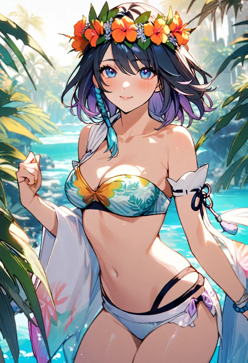 1girl, yuna \(ff10\), final fantasy, 1girl, tropical pattern bandeau bikini,frilled bikini,She is clad in feathers.lovely,vibrant colors, tropical setting, flower crown,masterpiece, best quality, absurdres,