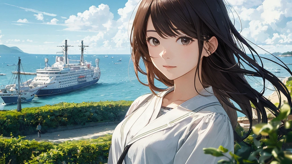 Shiraishi Mei, Looks exactly like Shiraishi Mei,Oceanの方を向いている後ろ姿、Woman looking up at the sky ,Long Hair, Dark brown hair, 2 girls, 18-year-old, photograph, Realistic, Highest quality, Detailed face, Strong sunlight, Ocean, Embankment, Detailed Background, Diffused sunlight, Written boundary depth, Bokeh (Highest quality: 1.2), (masterpiece: 1.2), Watch Viewer, one piece, White Theme, ,Vision、(((Panorama:1.2)))