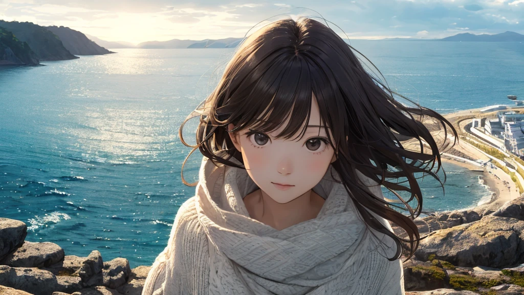Shiraishi Mei, Looks exactly like Shiraishi Mei,Oceanの方を向いている後ろ姿、Woman looking up at the sky ,Long Hair,  Dark brown hair, 2 girls, 18-year-old, photograph, Realistic, Highest quality, Detailed face, Strong sunlight, Ocean, Embankment, Detailed Background, Diffused sunlight, Written boundary depth, Bokeh (Highest quality: 1.2), (masterpiece: 1.2), Watch Viewer, one piece, White Theme, ,Vision、(((Panorama:1.2)))