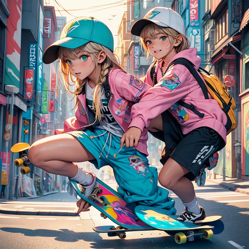 masterpiece, Highest quality, (Highly detailed CG Unity 8k wallpaper) (Highest quality), (Best illustrations), Best Shadow, (Girl Skateboarding: 1.3), 13 years old, cute, Short white hair, cap, Sweet cool, Eye-catching details, (Color Flight Suits), fashion shorts, (Color Skateboards: 1.1), pink, yellow, green, street, rock, (Highest quality, Amazing details: 1.25), (alone), Vivid and colorful paintings