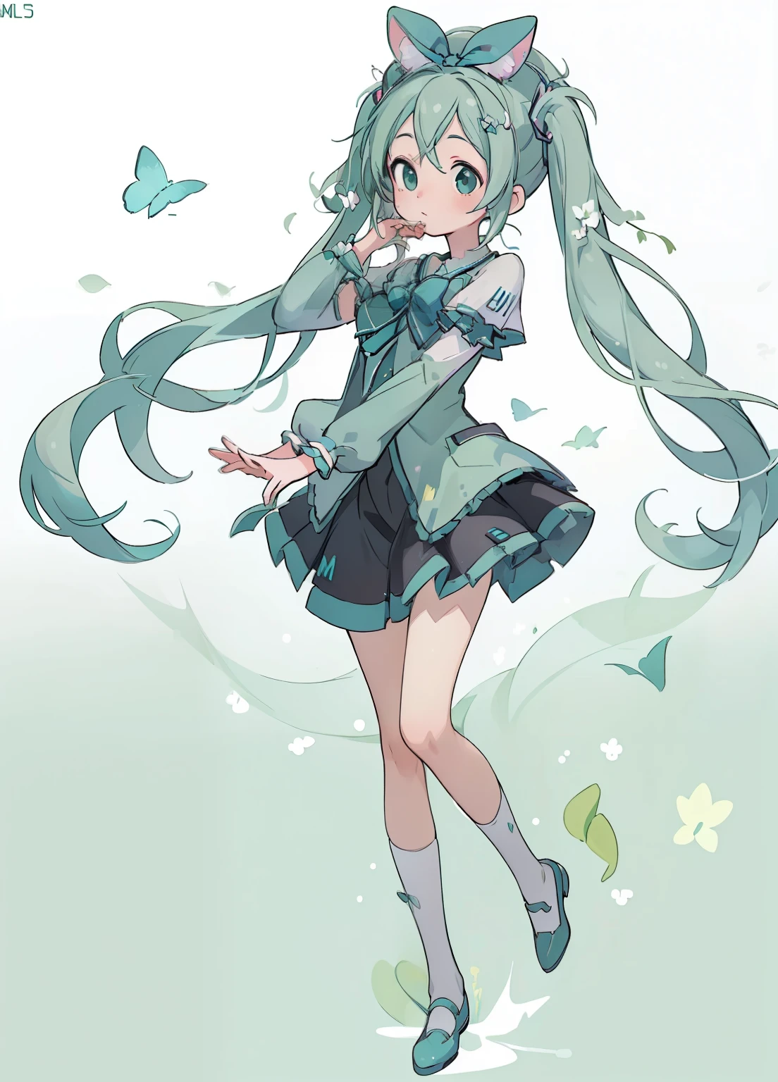 (masterpiece、Highest quality、Highest quality、Official Art、Beautiful and beautiful:1.2)、(One girl:1.3)Hatsune Miku、Twin tails,Beautiful breasts,Full body anime character avatar seen from the front, Including hands. The character is a beautiful girl wearing green clothes, I put cat ears on my head. background is gray.