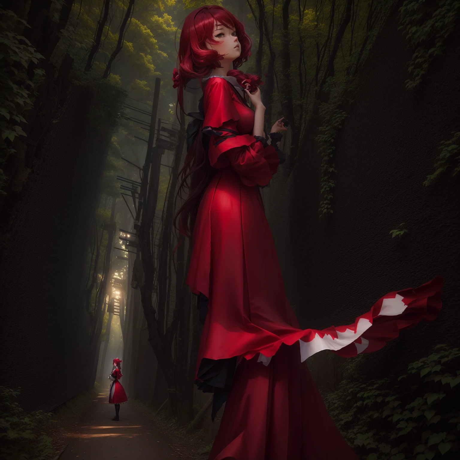 Anime girl in a red dress standing in front of a fence, East character, from East, East project, Anime Style3D, East, ufotable art style, Stylized anime, Created by Anime Painter Studio, East project official artwork, Anime Style, Visual Novel CG, Magical Forest Maid, Today&#39;s featured anime is still