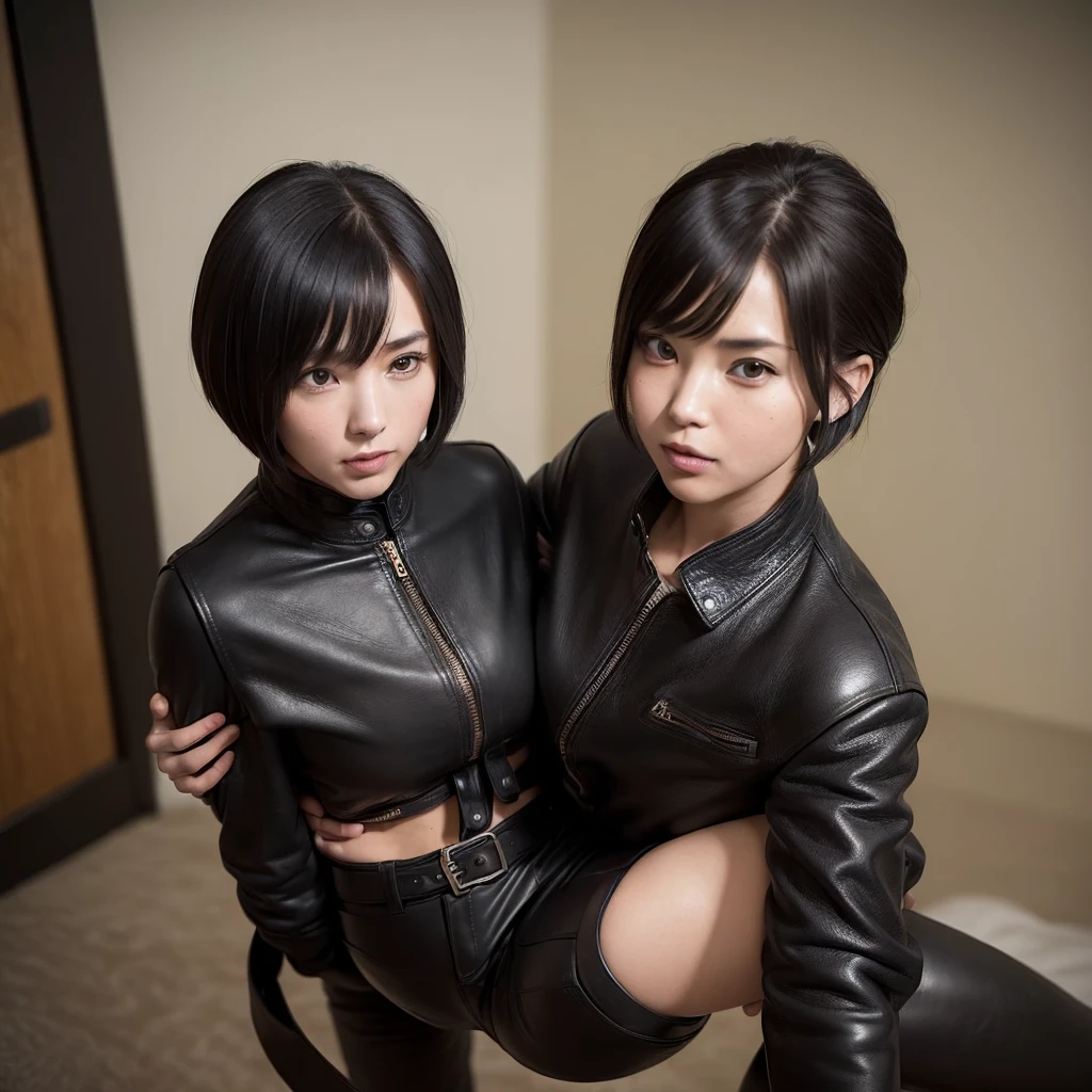 (princess carry:1.5), (masterpiece), (cowboy shot), A realistic photograph of (2 women), she has very short bowl cut hair, she is wearing  (luxury black horsehide pants) and (luxury black horsehide jacket), (the woman is satisfied), dark theme,  (looking at viewer), in a dark bedroom at night,  