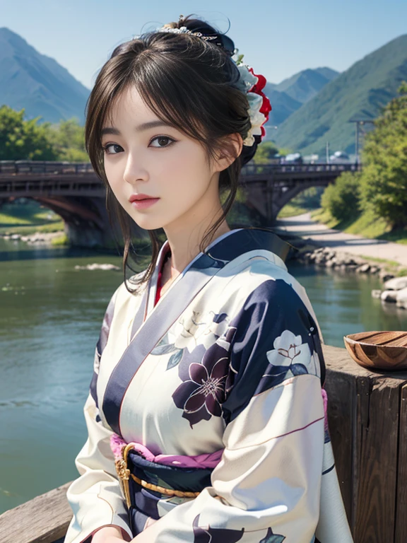 (Highest quality、 8k 、masterpiece、High resolution)、(whole body)、Vibrant colors、Brown-black bob、Traditional round topknot、Ample breasts、(Highly detailed face and eyes、Beautiful Face、Beautiful Eyes、Beautiful nose、Pretty lips)、 (Beautiful woman standing on a riverside observation deck)、(A friendly gaze)、(Oh!！Facial expression that)、(Vivid floral patterned kimono)、Official Art、  The background is a wide river、Nearby bridge、Riverside streetscape、Mountains in the distance、Detailed CG、