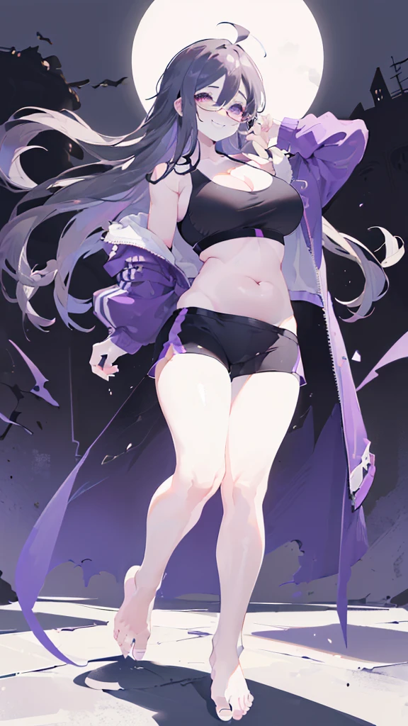 cement wall, Beautiful shades, (standing:1.5), city background, sunlight reflection, morning, soft shading, Dynamic Pose Dynamic Angle, [ 4k digital art ]!!,(big bust, prominent cleavage:1.5), (Black eyes with a slight purple tint:1.5), (a devastated expression, dead eyes, dark atmosphere:1.5), (very white and long hair, weak perm:1.5), (sports bra, extra long sports jacket, hot pants, :1.5), (bare foot, round-rimmed glasses:1.5), (Belly Fat:1.5), (smiling faintly:1.5),(thin legs:1.1)
