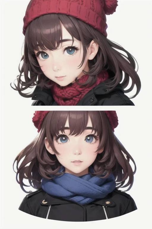 girl,Character design sheet,Beautiful attention to detail,Beautiful lip detail,Very detailed目と顔,Long eyelashes,Realistic,photoRealistic:1.37,Very detailed,Professional,Vibrant colors,Portraiture,Studio Lighting,Physically Based Rendering,High resolution,超High resolution. blue eyes,Big eyes, Close ~ eyes,Long Hair,Curly hair、Black Hair,Red cheeks,Lower eyes,Knitted hat,Scarf,coat