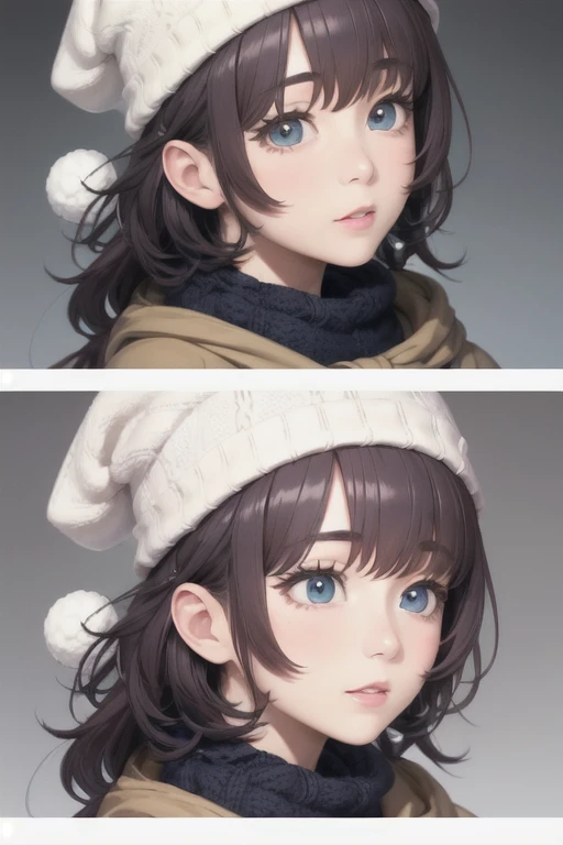 girl,Character design sheet,Beautiful attention to detail,Beautiful lip detail,Very detailed目と顔,Long eyelashes,Realistic,photoRealistic:1.37,Very detailed,Professional,Vibrant colors,Portraiture,Studio Lighting,Physically Based Rendering,High resolution,超High resolution. blue eyes,Big eyes, Close ~ eyes,Long Hair,Curly hair、Black Hair,Red cheeks,Lower eyes,Knitted hat,Scarf,coat