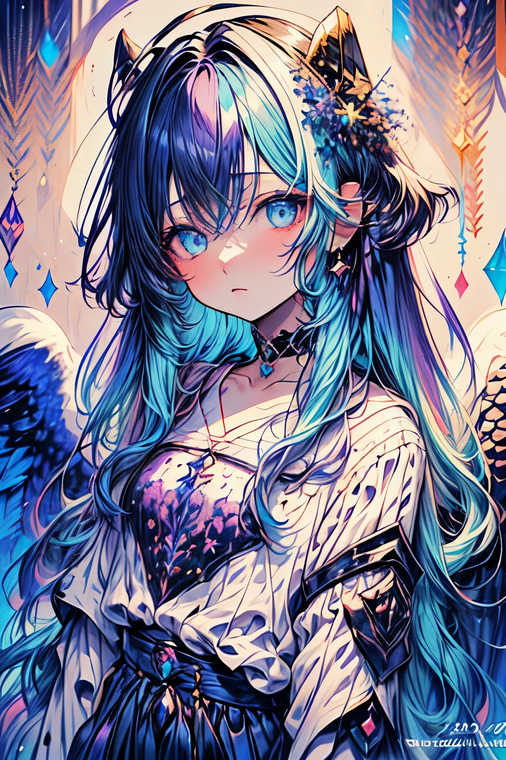 High resolution, masterpiece, Highest quality, One boy、Embarrassed、Purple Hair、Inner colorlight blue、Gradient color hairstyle, Diagonal bangs, Asymmetrical bangs, short hair、Asymmetrical Short、slacks、Wear warm clothes、Odd Eye、Attractive eyes、20-year-old、adult、headphone、music、magic、fallen Angel、Fantasy、moonlight、Moon God、vivid、choker