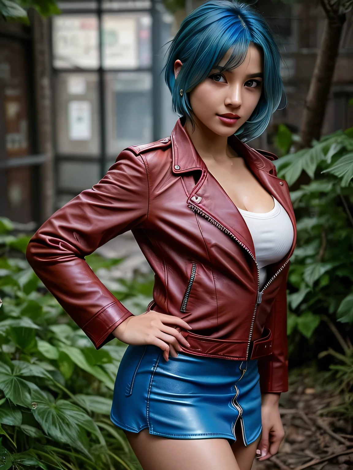 (blue hair:1.4), short hair, realistic green eyes, cobalt hair, long bob hair, tousled hair, shoulder length hair, Full body, woman with white skin and Asian features, 24 year old, big breast. She has a small, elegant nose with a slight upward curve at the tip. Her lips are full and naturally pink, with a well-defined Cupid's bow. Her teeth are straight and white, enhancing her captivating smile. Her face has an oval shape with high cheekbones that add to her model-like appearance. highly detailed glowing eyes, specular light, extreme quality, crystal clear, cute face, detailed skin pores, oil Dark skin, brown, complex eye details, 8K, (blouse with a red leather jacket:1.3), background in the middle of the apocalypse city, Resident Evil, Realistic post apocaliptic scenes, lots of details, Zombie games, ultra-clear, (black short mini skirt:1.3), beautiful cleavage, abandoned place, vegetation growing on the walls and rubble, (short hair:1.2), (short hair:1.3), (short hair:1)
