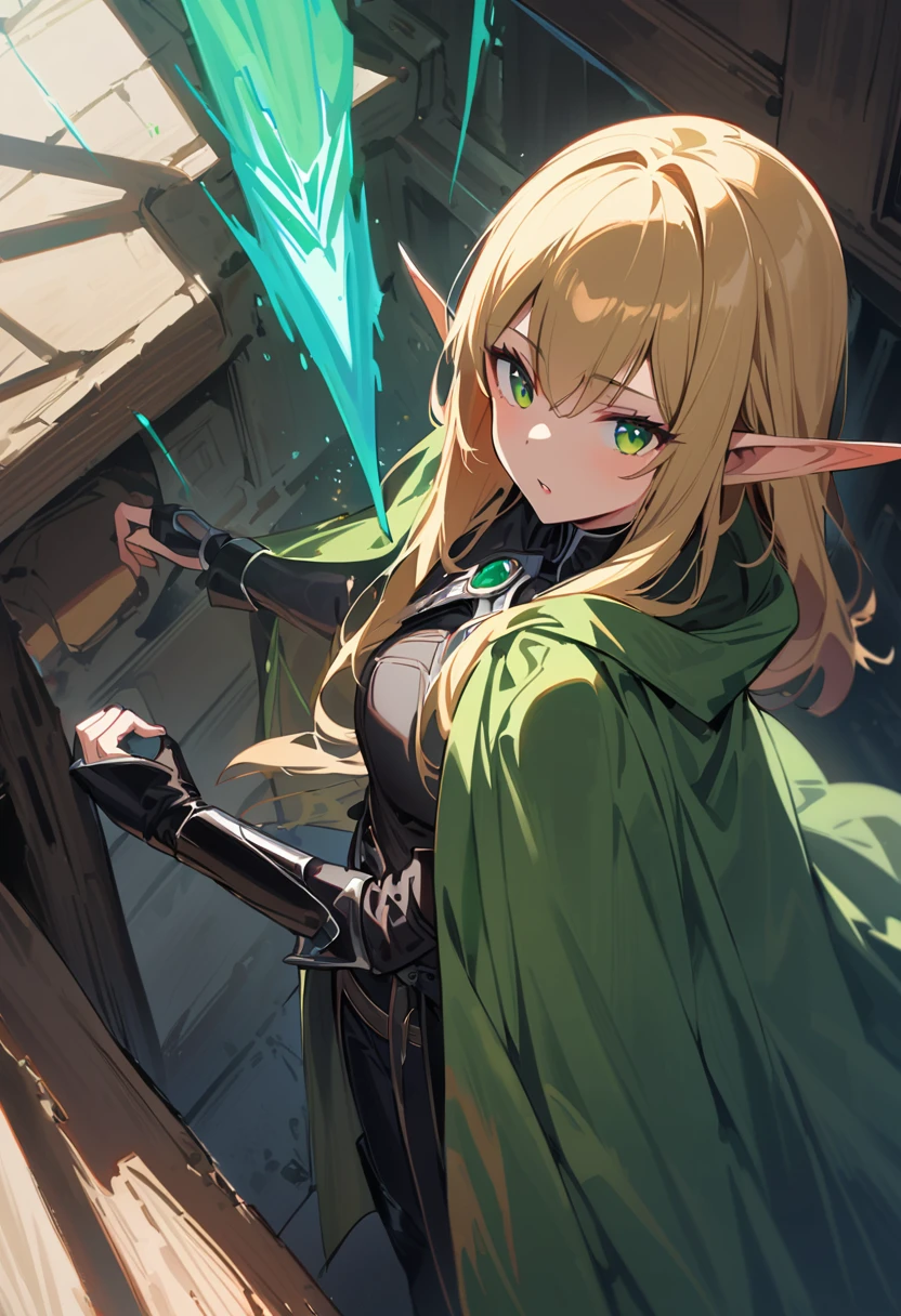 masterpiece, best quality, 1 female, alone, medium blonde, Vibrant green eyes, looking at the audience, cape, High quality metal texture, coat, Keep your mouth shut, Bangs, Boss, fantasy aesthetics, Very detailed, shadow poetry style, Executor Outfit, elf ears, fixed hand
