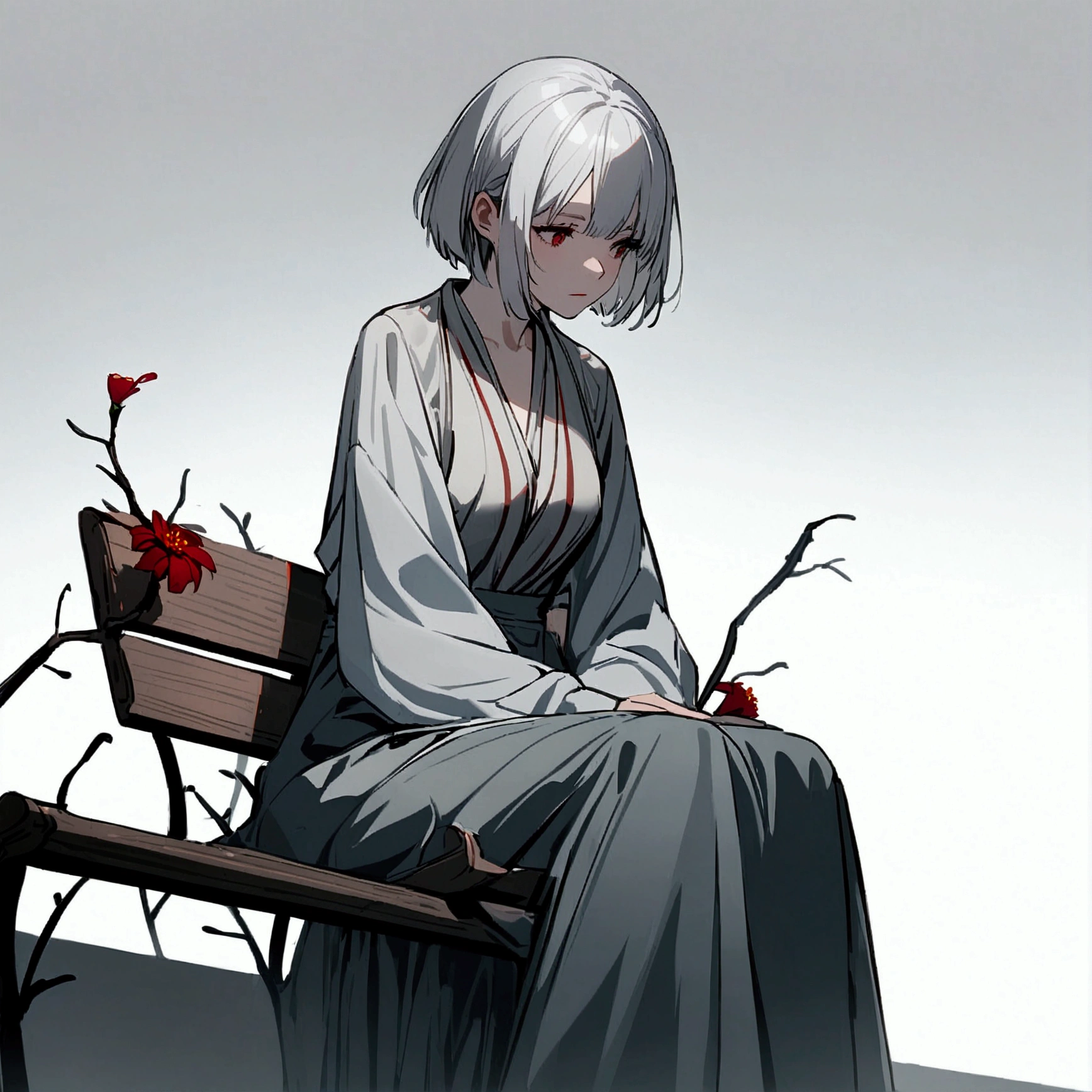 Light gray background, woman sitting on bench, silver hair, short hair, withered red flower