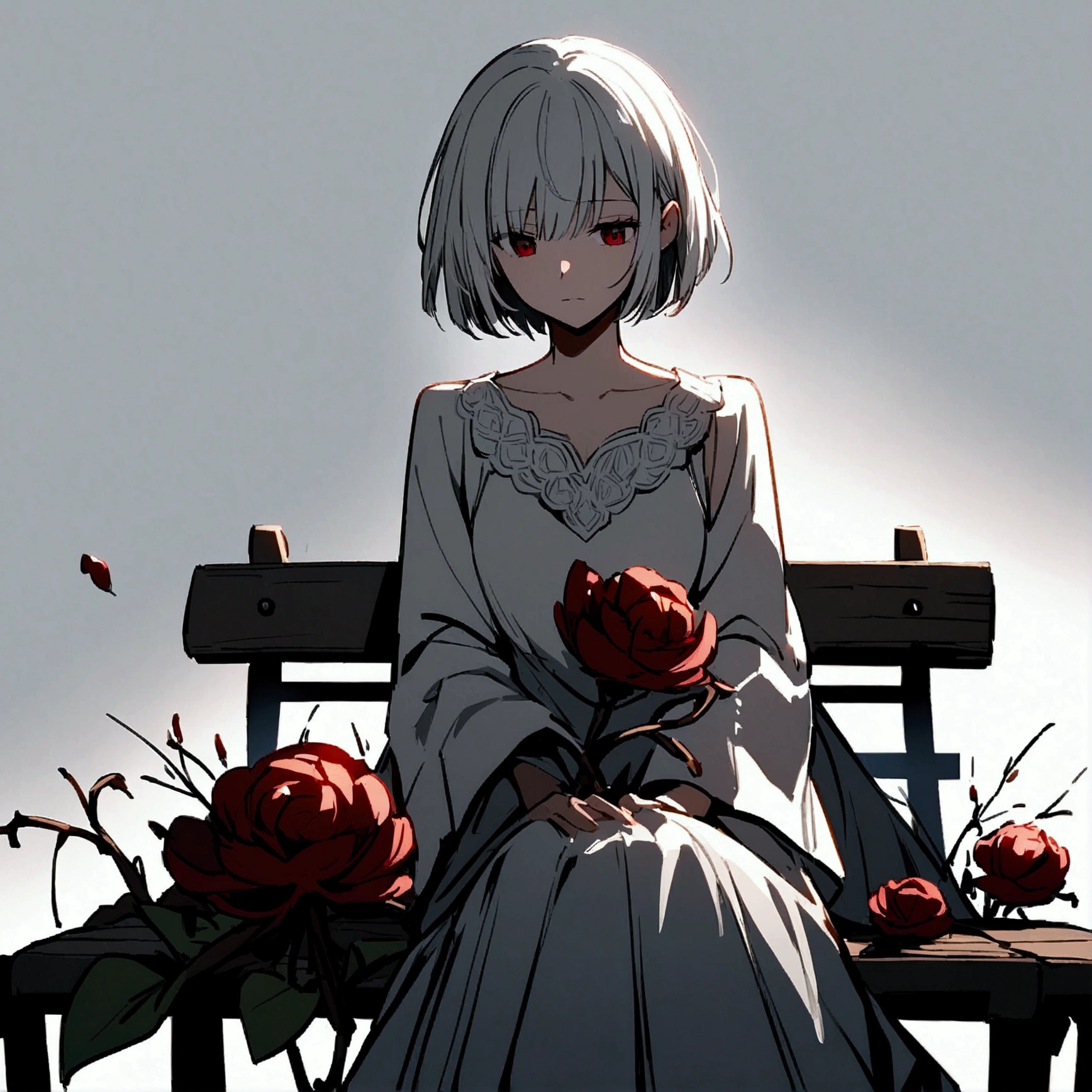 Light gray background, woman sitting on bench, silver hair, short hair, withered red flower