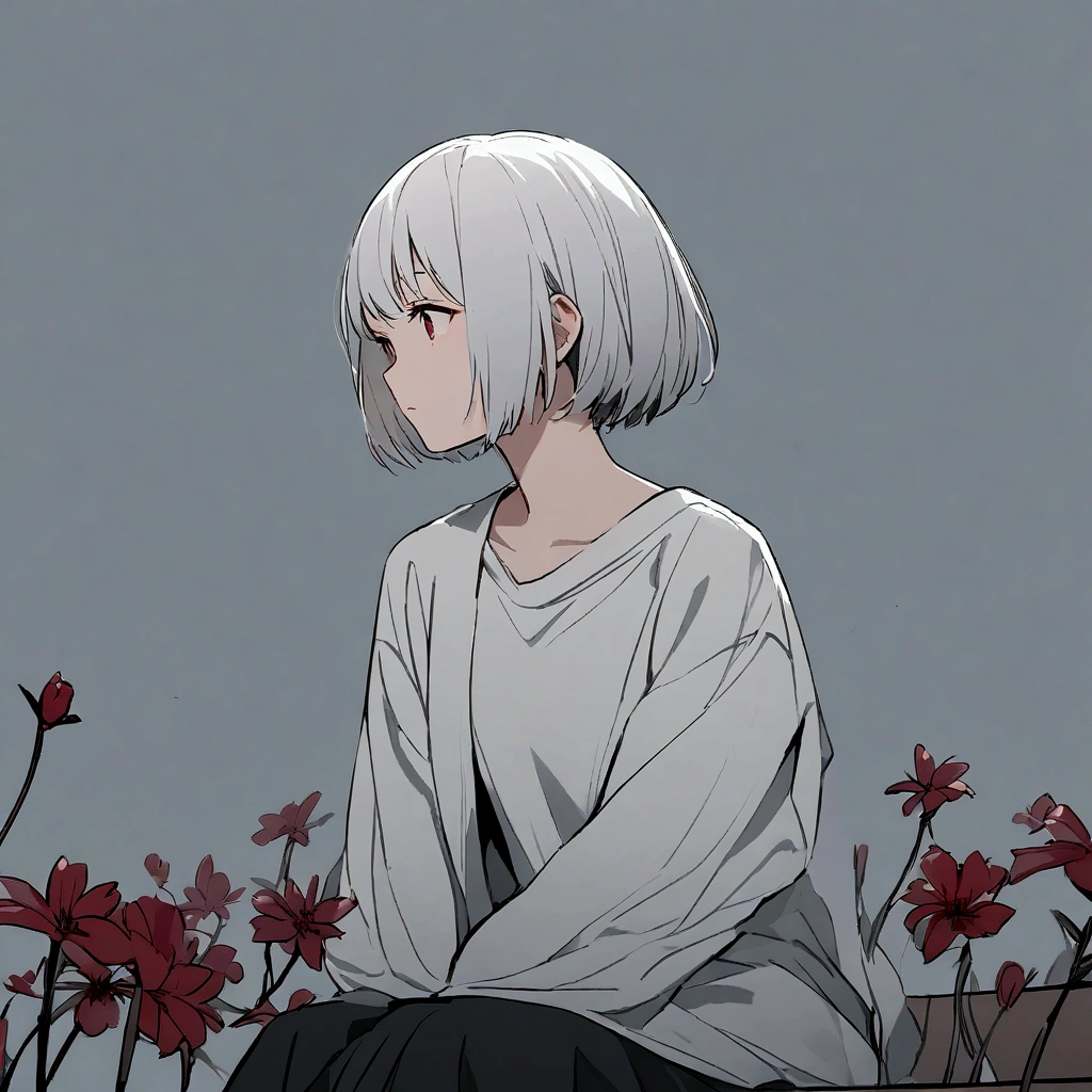 Light gray background, woman sitting on bench, silver hair, short hair, withered red flower