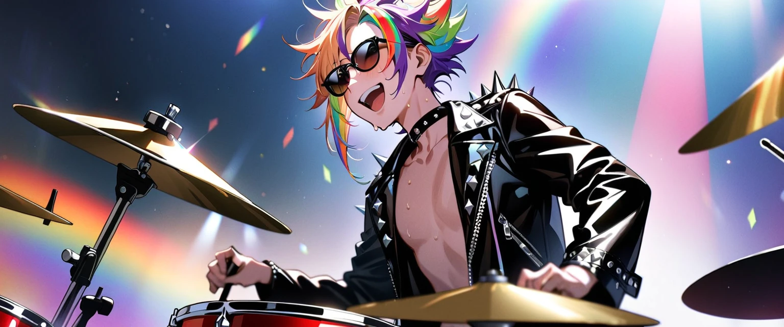 (((masterpiece,Highest quality))),(((A male anime character with a multi-colored, spiky hairstyle, sunglasses, and a somewhat revealing patent leather jacket and Visual Kei outfit.))),((Wearing a small hat at an angle)),(((Sitting on the drum set and playing))),(((Playing the drum set on a live stage,Sweating and laughing as he hits the ball))),Focus on the upper body,(high quality),アニメ,rainbow highlights hair,streaked hair
