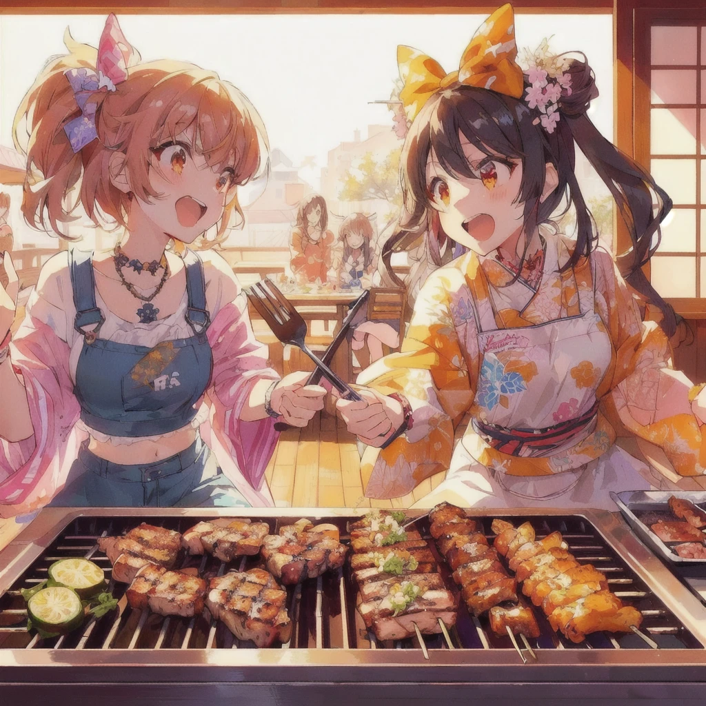 anime characters cooking on a grill with a lot of food, Grilling meat,Angry with a fork,Anime Food, everyone, cooking it up, Kantai Collection Style, High quality anime art style, Anime Girls, two beautiful Anime Girls, 80s anime style,Lofi,Beautiful anime artwork, cooking show, Anime Background, cooking, Anime Moe Art Style, Hololive, Trending Anime Art, Beautiful and detailed anime art, High quality fan art, barbecue