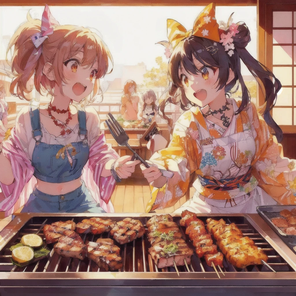 anime characters cooking on a grill with a lot of food, Grilling meat,Angry,Anime Food, everyone, cooking it up, Kantai Collection Style, High quality anime art style, Anime Girls, two beautiful Anime Girls, 80s anime style,Lofi,Beautiful anime artwork, cooking show, Anime Background, cooking, Anime Moe Art Style, Hololive, Trending Anime Art, Beautiful and detailed anime art, High quality fan art, barbecue