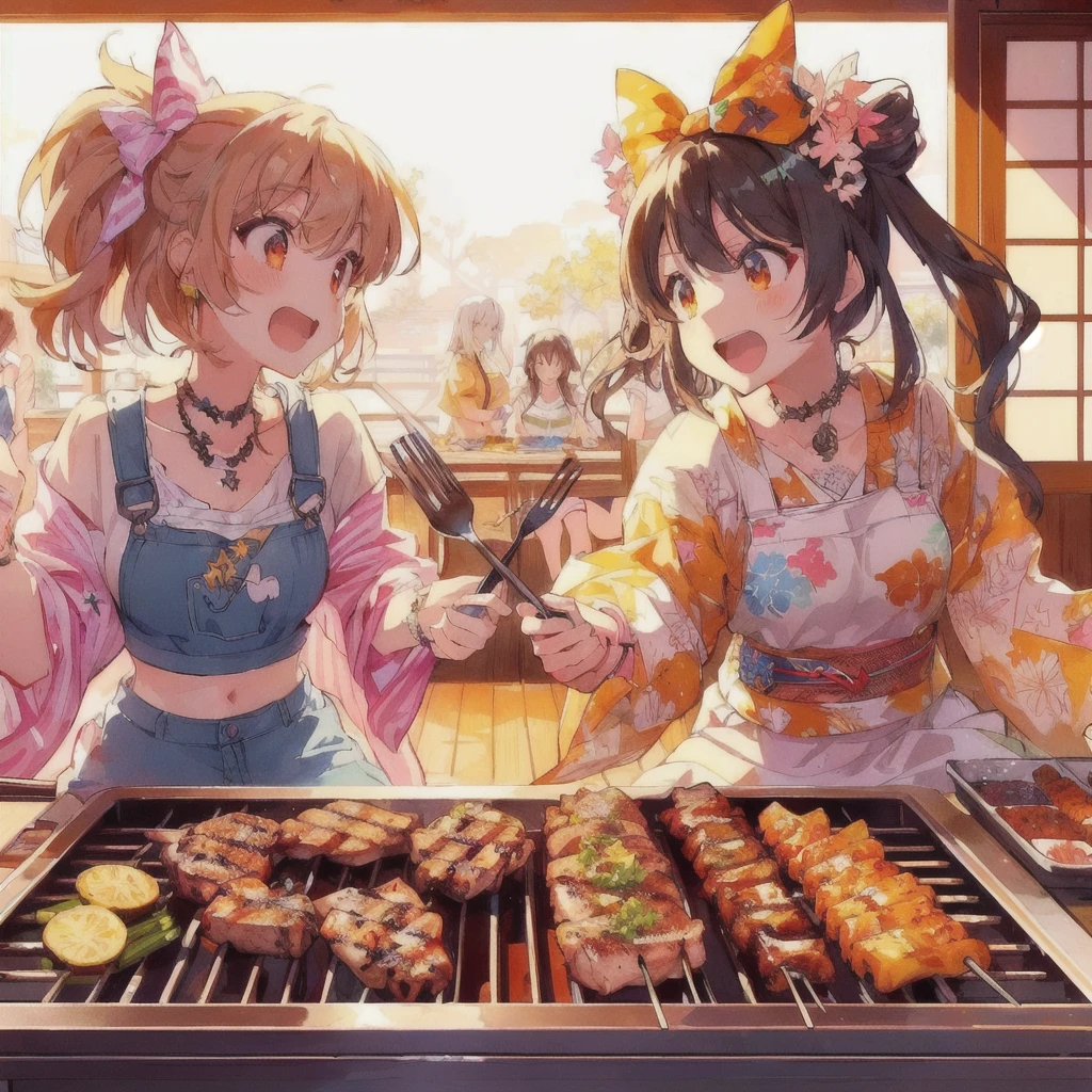 anime characters cooking on a grill with a lot of food, Grilling meat,Angry with a fork,Anime Food, everyone, cooking it up, Kantai Collection Style, High quality anime art style, Anime Girls, two beautiful Anime Girls, 80s anime style,Lofi,Beautiful anime artwork, cooking show, Anime Background, cooking, Anime Moe Art Style, Hololive, Trending Anime Art, Beautiful and detailed anime art, High quality fan art, barbecue
