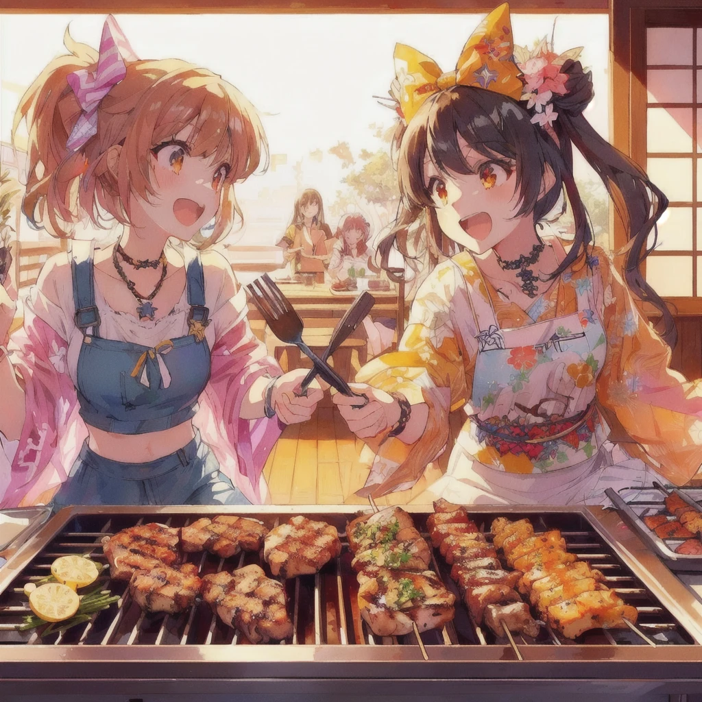 anime characters cooking on a grill with a lot of food, Grilling meat,Angry,Anime Food, everyone, cooking it up, Kantai Collection Style, High quality anime art style, Anime Girls, two beautiful Anime Girls, 80s anime style,Lofi,Beautiful anime artwork, cooking show, Anime Background, cooking, Anime Moe Art Style, Hololive, Trending Anime Art, Beautiful and detailed anime art, High quality fan art, barbecue