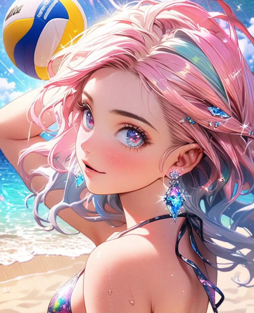 8K,gal,an extremely delicate and beautiful,Beautiful and realistic skin,Shiny jewel-like earrings,Shine like glitter long colorful hair,beautiful eyes,bikini,beach volleyball,pink ball,beautiful beach,glitter background
