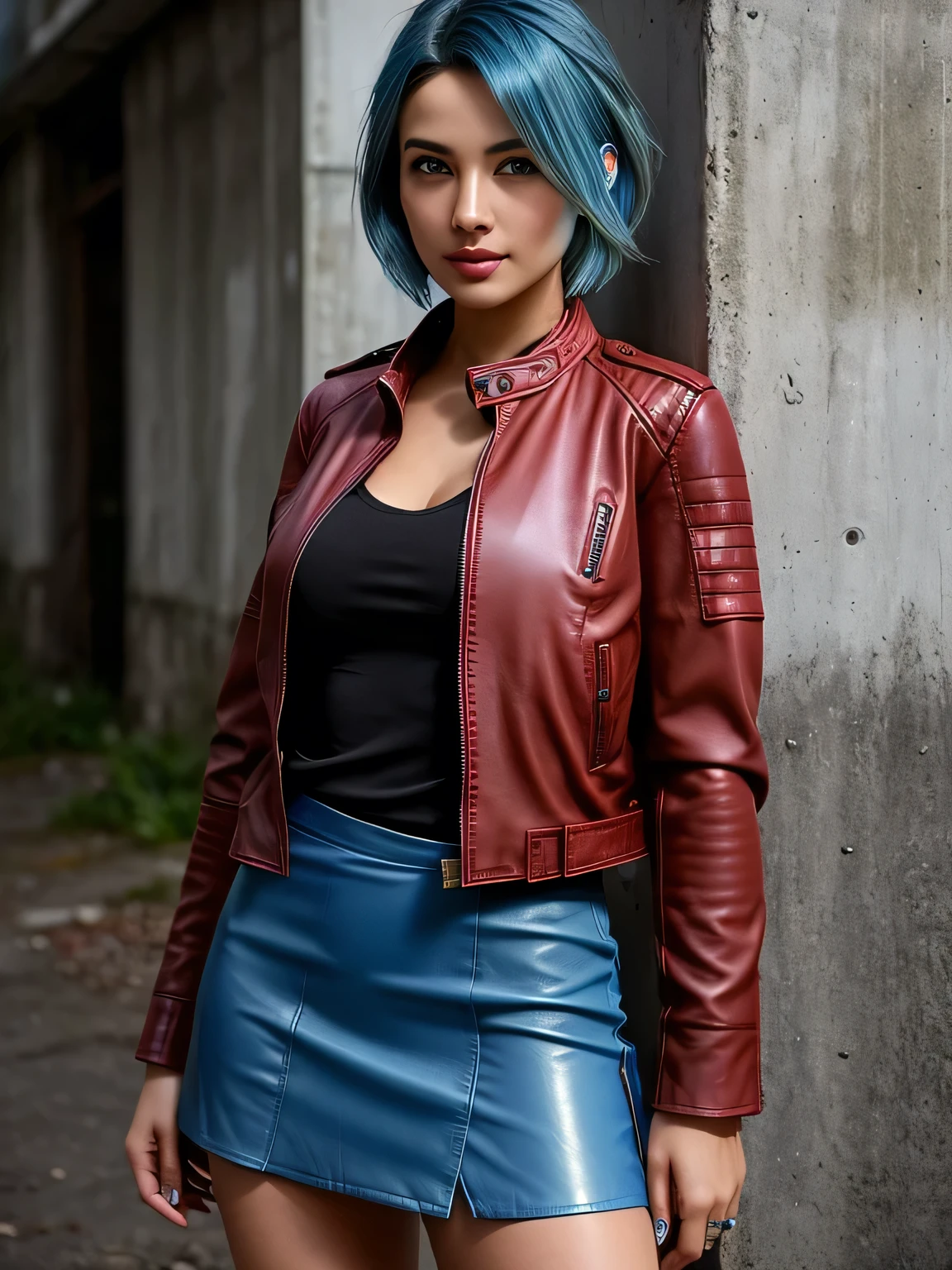 (blue hair:1.4), short hair, realistic green eyes, cobalt hair, long bob hair, tousled hair, shoulder length hair, Full body, woman with white skin and Asian features, 24 year old, big breast. She has a small, elegant nose with a slight upward curve at the tip. Her lips are full and naturally pink, with a well-defined Cupid's bow. Her teeth are straight and white, enhancing her captivating smile. Her face has an oval shape with high cheekbones that add to her model-like appearance. highly detailed glowing eyes, specular light, extreme quality, crystal clear, cute face, detailed skin pores, oil Dark skin, brown, complex eye details, 8K, (blouse with a red leather jacket:1.3), background in the middle of the apocalypse city, Resident Evil, Realistic post apocaliptic scenes, lots of details, Zombie games, ultra-clear, (black short mini skirt:1.3), beautiful cleavage, abandoned place, vegetation growing on the walls and rubble, (short hair:1.2), (short hair:1.3), (short hair:1)