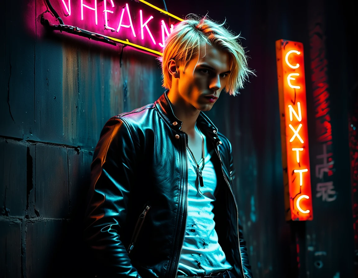 Photorealistic, dark vibes, solo, young man, portrait, 22 years, pale skin, model (skinny:1.3), (short messy blond hair:1.5), (black leather jacket:1.3), holding knife, dark lighting, foreboding, sexy, (neon sign that says:"CONTEXT":1.8), night club setting, BDSM background