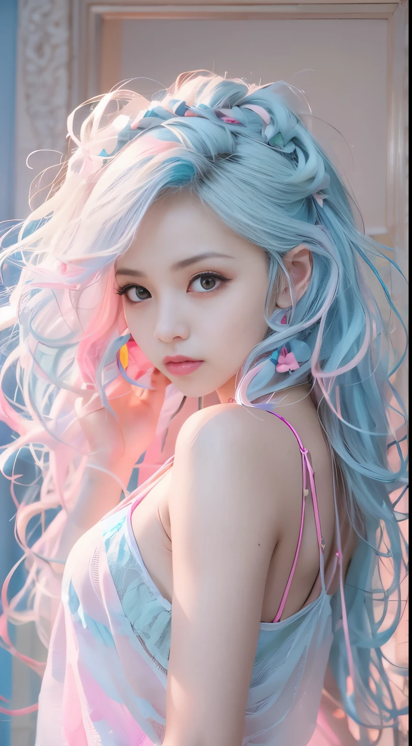 Light blue and pink color scheme,sexy woman ,,,white curly hair, Colorful camisole