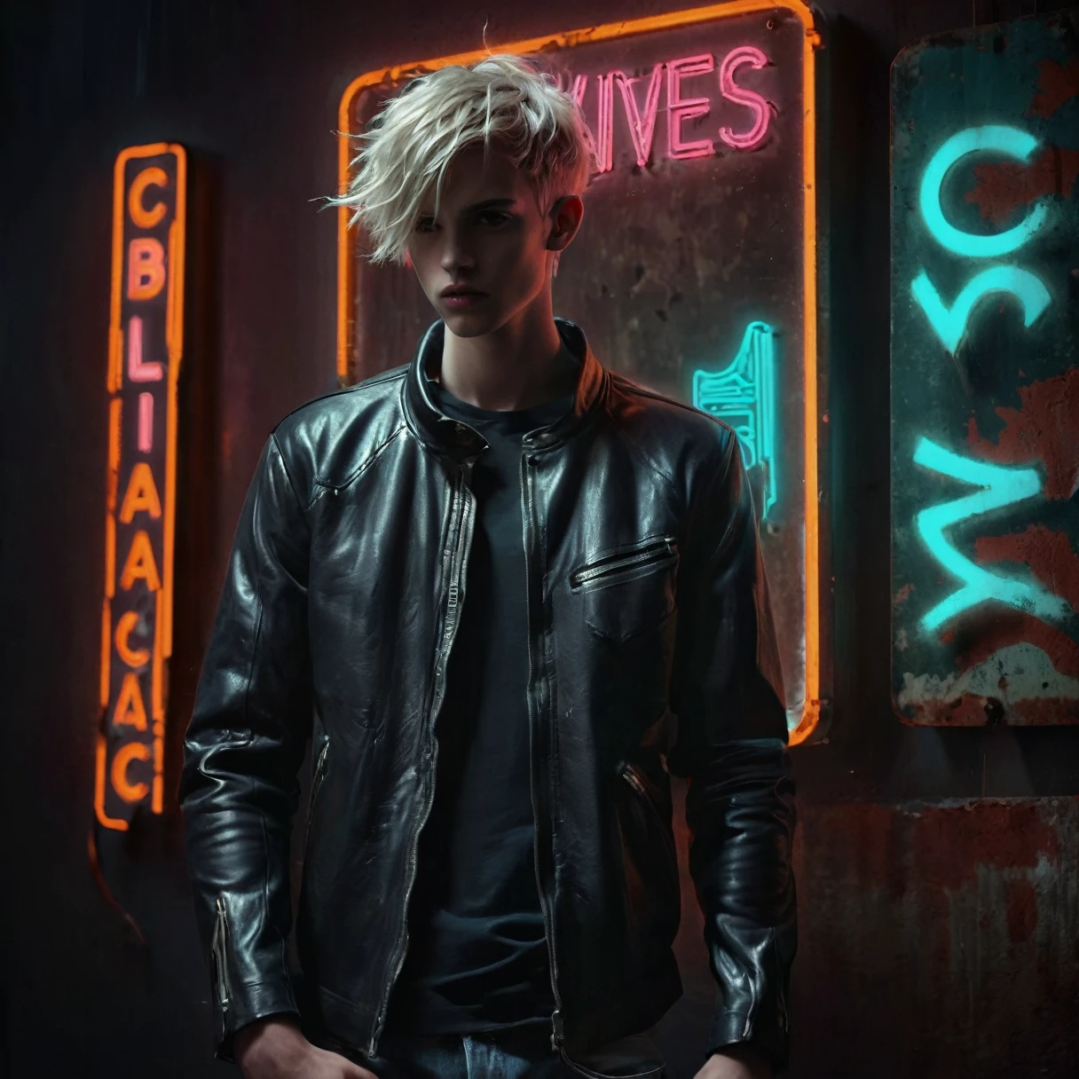 Photorealistic, dark vibes, solo, young man, facing camera, 22 years, pale skin, model (skinny:1.3), (short messy blond hair:1.5), (black leather jacket:1.3), holding knife, dark lighting, foreboding, sexy, (neon sign that says:"CONTEXT":1.8), night club setting, BDSM background