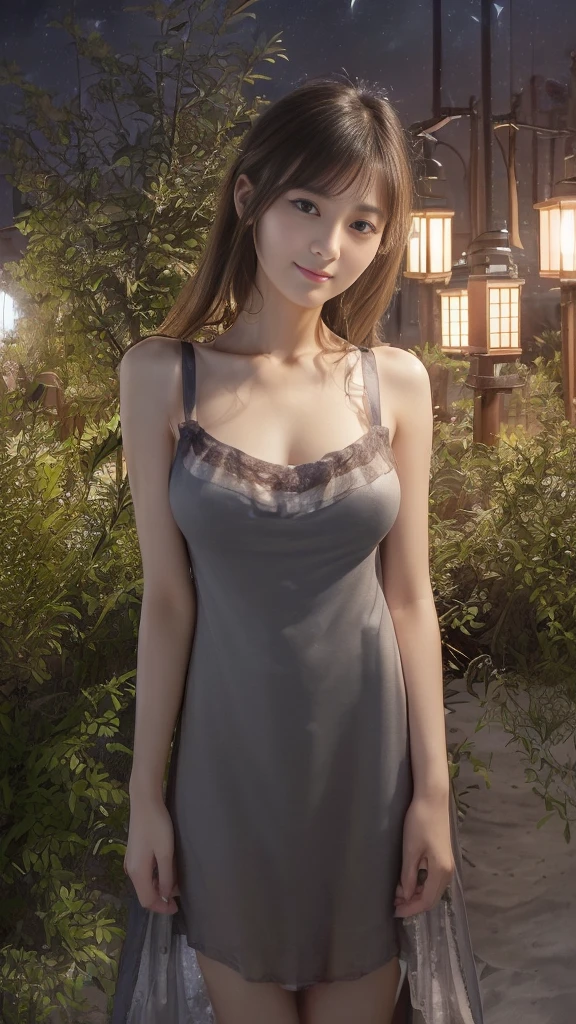 ((((masterpiece、Highest quality、High resolution、Tabletop、wallpaper、Realistic、Bright lighting、Professional Lighting、Face Light、Smooth lighting、Japanese women、Beautiful woman、action、gravure、sexly、so beautiful、Beautiful Skin、Beautiful and exquisite、Detailed face、slim、Looking into the camera))))、((Big Breasts:1.4))、((((japanese,20-years-old,One woman,outdoors,Looking into the camera,night dress:1.5)))),smile,close mouth,Five perfect, beautiful fingers on each side