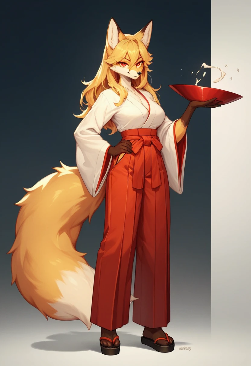 (full body,A Cup,The left hand is on the hip,The right hand is hidden),Fox woman, Furry, Golden fur, Golden facial fur, long golden hair, The hair on his hands is golden, Golden yellow hair on the back of the hand, Light-filled eyes, Red eyes, Brown elements of fur,Hakama,Very fine fur, Fluffy tail,A Cup