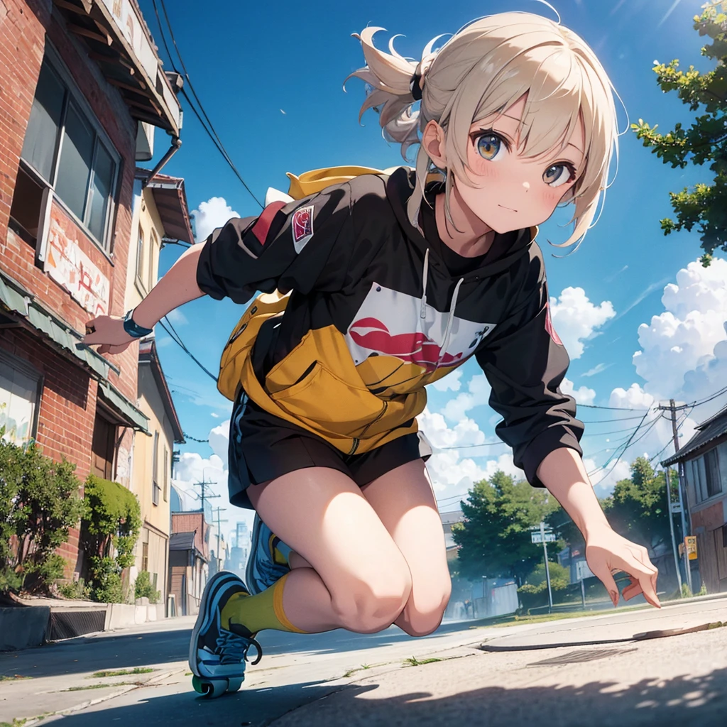 masterpiece, Highest quality, (Highly detailed CG Unity 8k wallpaper) (Highest quality), (Best illustrations), Best Shadow, (Girl Skateboarding: 1.3), 13 years old, cute, Short white hair, cap, Sweet cool, Eye-catching details, (Color Flight Suits), fashion shorts, (Color Skateboards: 1.1), pink, yellow, green, street, rock, (Highest quality, Amazing details: 1.25), (alone), Vivid and colorful paintings