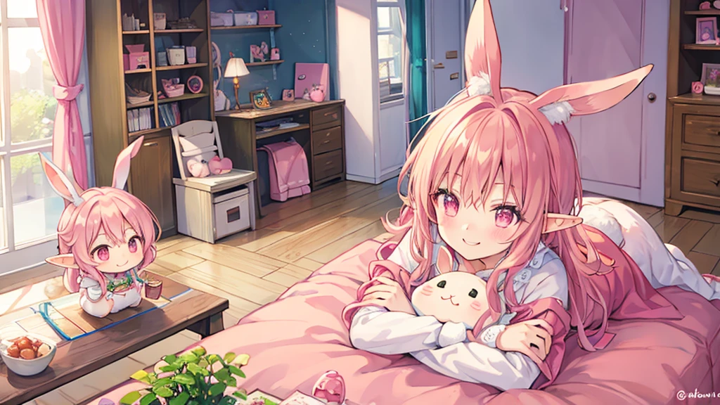 Rabbit Mimi、Chibi Elf Pink Room、Relaxing in a cute room、A big smile、Addicted to the game