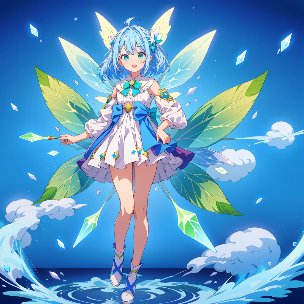 1girl、Standing in front of the viewer、Original, unique and cute hairstyle、Star Fairy、Star incarnation、Character design front view、A picture facing the viewer、(((Super detailed、Highest quality、Masterpiece)))、Milky white and blue hair color、Simple Green Background、vtuber-fullbody,