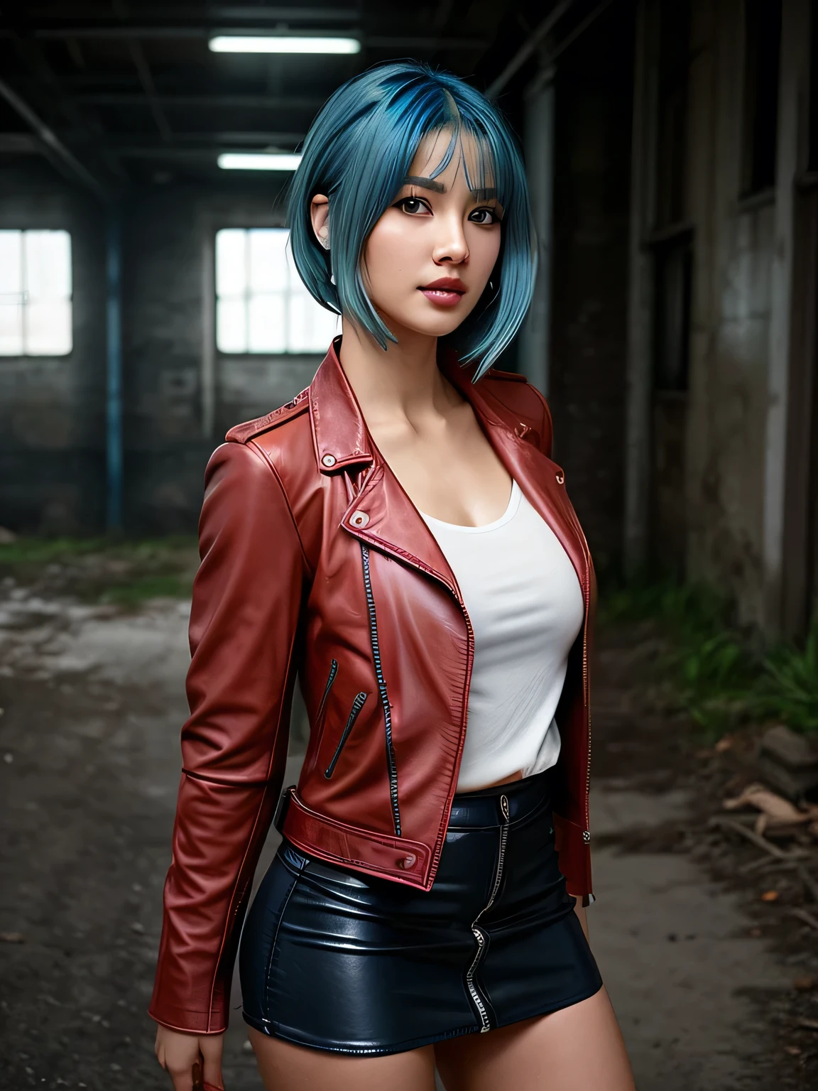 (blue hair:1.4), short hair, realistic green eyes, cobalt hair, long bob hair, tousled hair, shoulder length hair, Full body, woman with white skin and Asian features, 24 year old, big breast. She has a small, elegant nose with a slight upward curve at the tip. Her lips are full and naturally pink, with a well-defined Cupid's bow. Her teeth are straight and white, enhancing her captivating smile. Her face has an oval shape with high cheekbones that add to her model-like appearance. highly detailed glowing eyes, specular light, extreme quality, crystal clear, cute face, detailed skin pores, oil Dark skin, brown, complex eye details, 8K, (blouse with a red leather jacket:1.3), background in the middle of the apocalypse city, Resident Evil, Realistic post apocaliptic scenes, lots of details, Zombie games, ultra-clear, (black short mini skirt:1.3), beautiful cleavage, abandoned place, vegetation growing on the walls and rubble, (short hair:1.2), (short hair:1.3), (short hair:1)