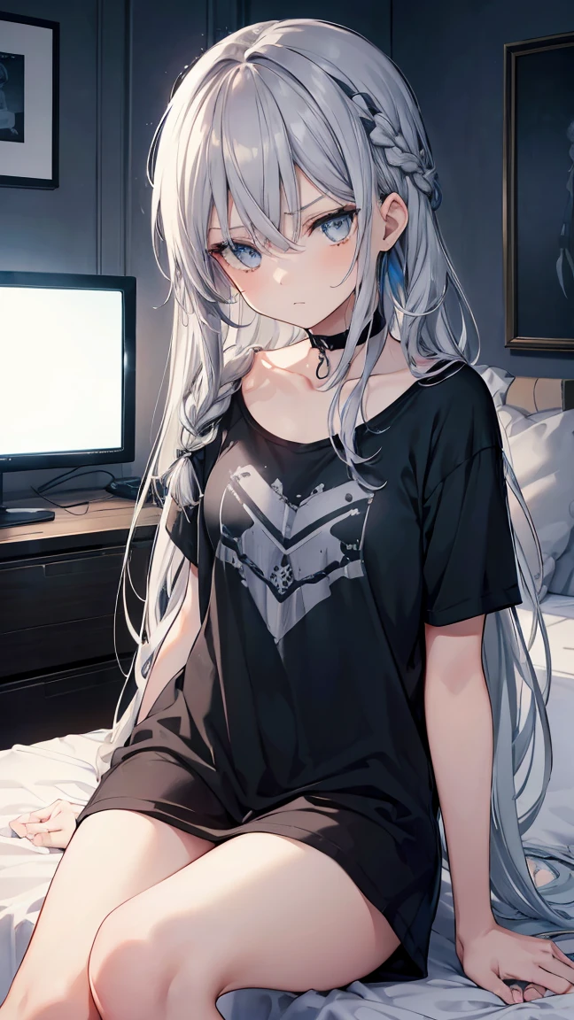 High resolution,high resolution,Girl,(Braiding,Gray Hair,Long Hair,Blue accent color),Grey Eyes,Slanted Eyes,Bad mood,boyish,slender,Naked Y-shirt,sit,On the bed,Dark Room,tv set,choker,,