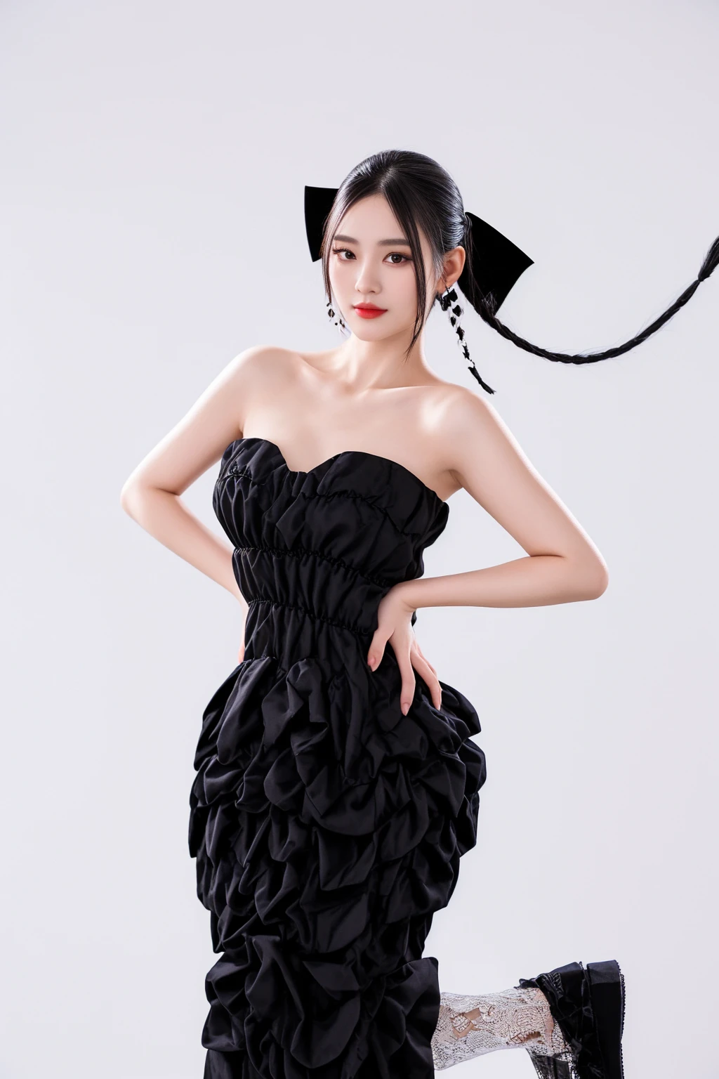 there is a woman in a black dress posing for a picture, with black pigtails, asian woman made from origami, she is wearing a black dress, dilraba dilmurat, anime girl wearing a black dress, anime thai girl, wearing a black dress, beautiful woman in a black dress, an elegant woman in black dress, wearing black dress