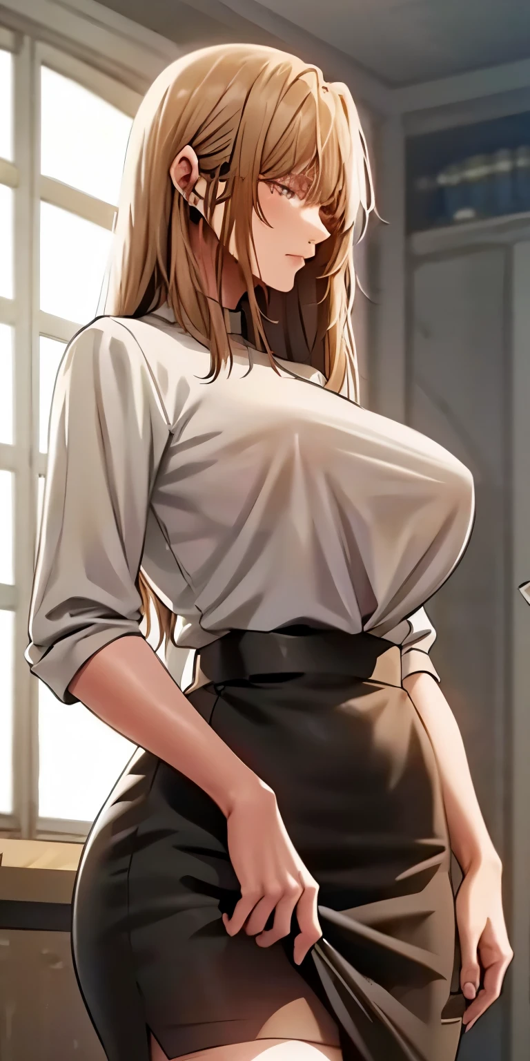 Mature MILF, long blonde hair, long ear pricks, blue eyes, wearing a white shirt, and a long black skirt.